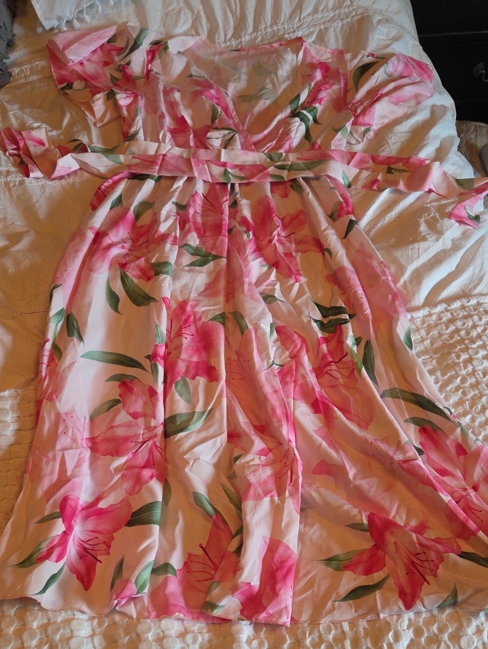 Pink Floral Midi Dress on White Background